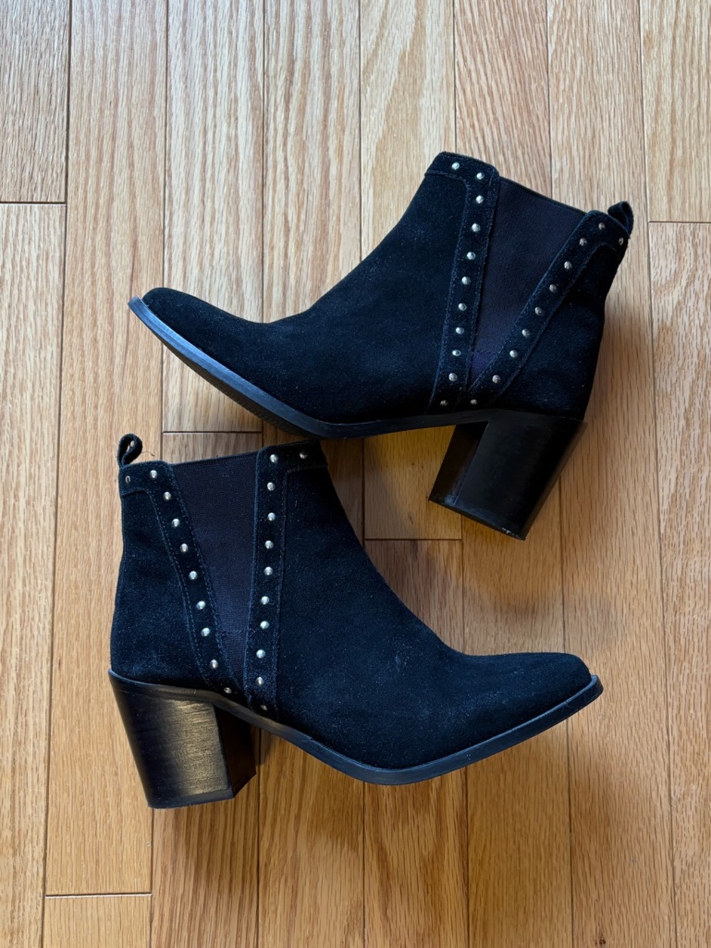 BCBG Black Suede Studded Ankle Booties, pointed toe size 7